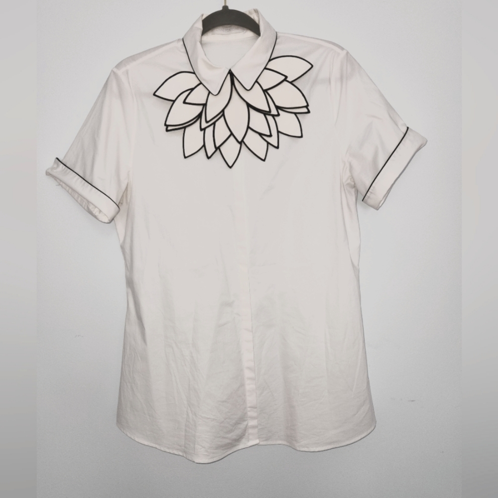 Anne Fontaine White Cotton Floral Appliqué Button Down Shirt Size M
